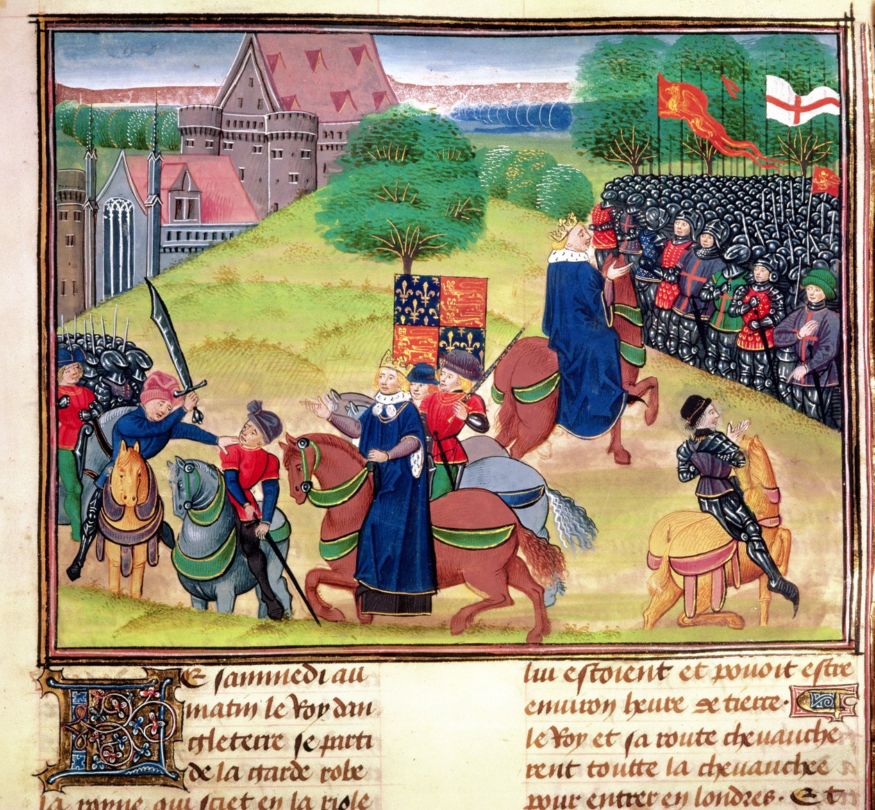 Royal 18 E.1, F.175 Wat Tylers död i Smithfield, London, 1381 under bondeupproret, illustration från 
