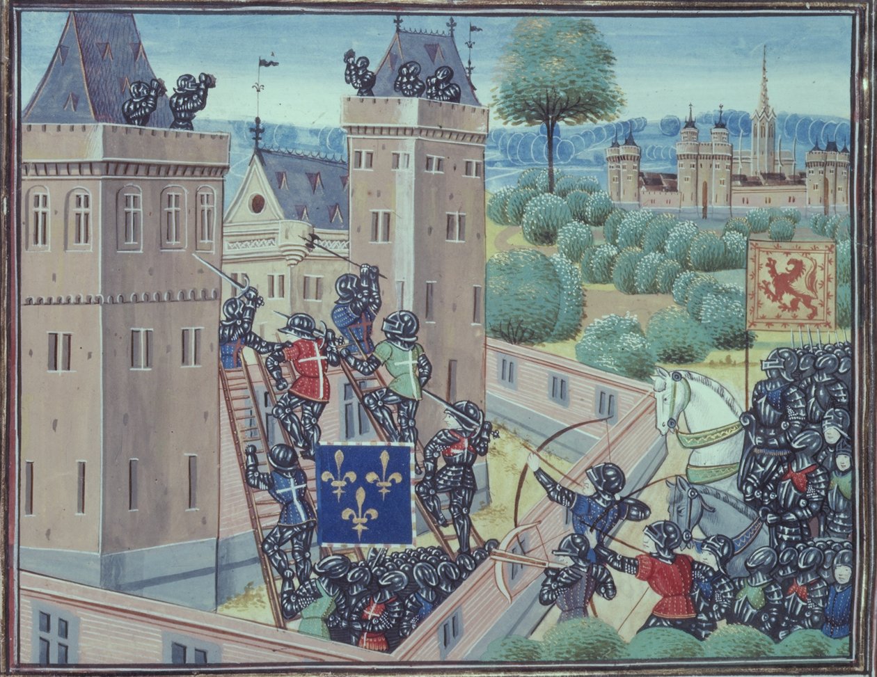 Royal 18 E.1 fol.345 The Capture of Wark Castle av fransmännen och skottarna, från bok II av 