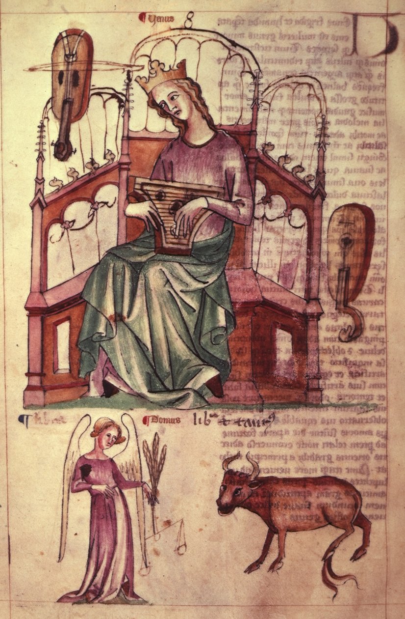 Sloane 3983 fol.42v Venus spelar ett psalter, från 