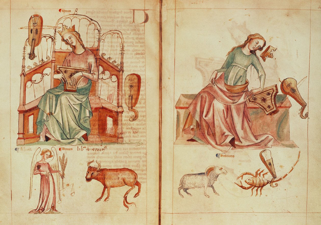 Sloane MS 3983 fol.42v-43 Venus spelar ett instrument med sina härskande tecken och i skada, från 