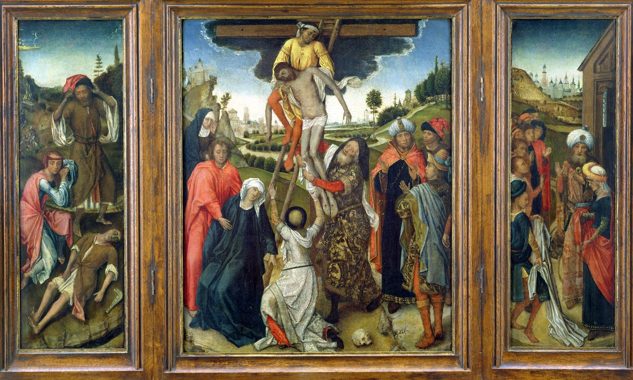 The Deposition, flankerad av (L) Adam och Eva Mourning Abel och (R) Josephs Coat Visad to Jacob, triptyk, c.1470 (panel) av Netherlandish School