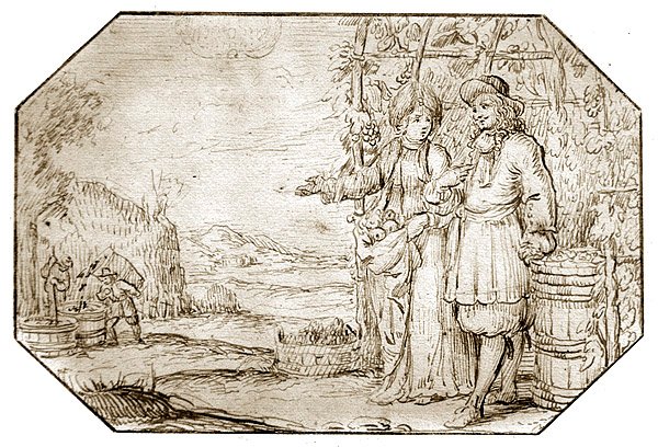 De fyra årstiderna: Höst - skörd, ca 1675 (penna och sepiafärg på papper) av Netherlandish School