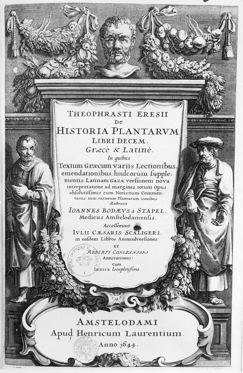 Titelsidan för Historia Plantarum Libri Ten av Theophrastus (c.372-c.287 f.Kr.) publicerad i Amsterdam 1644 av Netherlandish School