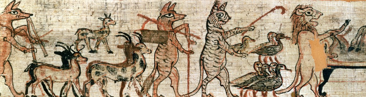 Den satiriska papyrus, detalj från höger sida av en katt som vallar gäss och ett lejon som mumifierar en åsna, från Thebe, ca 1100 f.Kr. (se även 85721) av New Kingdom Egyptian