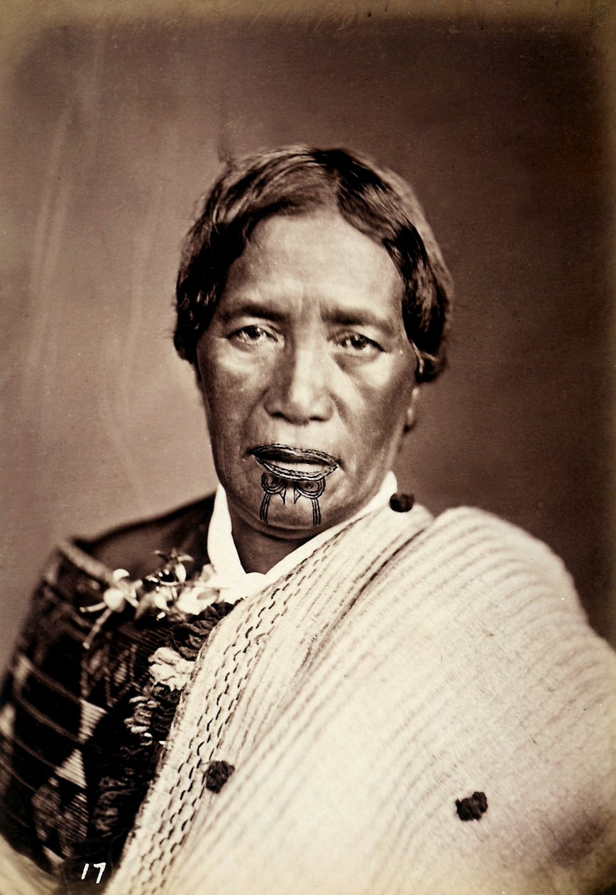 Porträtt av en maori med ett tatuerat ansikte, ca 1886-88 av New Zealand Photographer