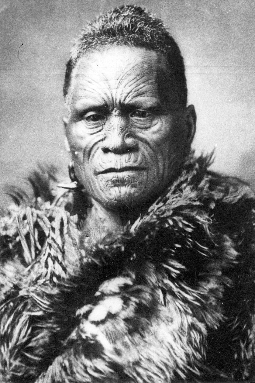 Porträtt av en maori man, före 1880 av New Zealander Photographer