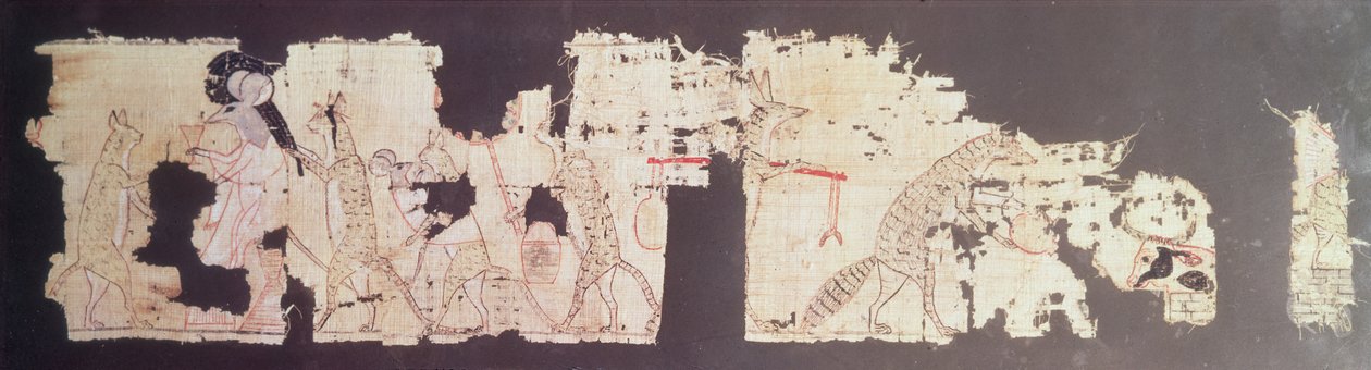 Satirisk papyrus som visar en mus som betjänas av katter (papyrus) av New Kingdom Egyptian