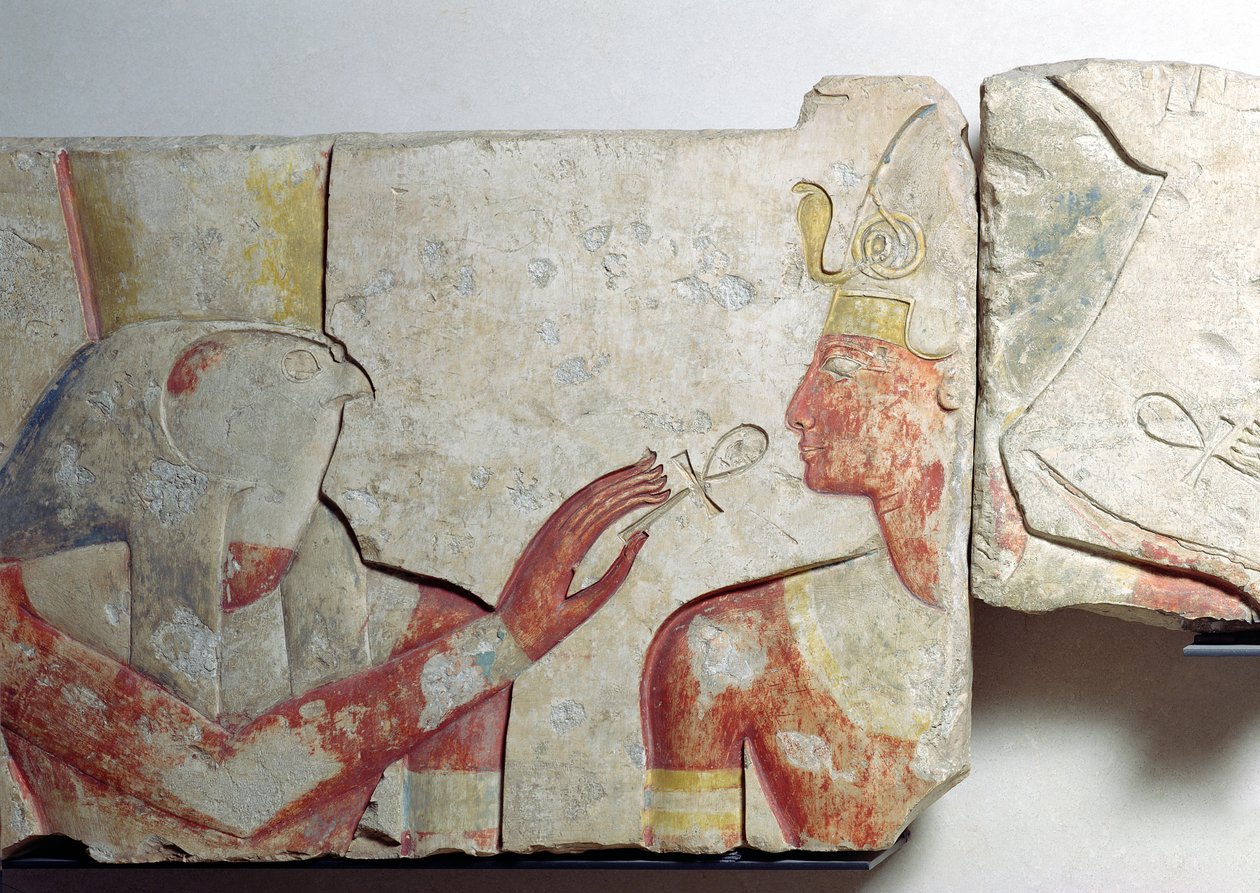 Mötet mellan farao och Horus, detalj från en fris föreställande Ramses II (1298-32 f.Kr.) bland gudarna, från Abydos, ca 1275 f.Kr. (målad sten) av New Kingdom Egyptian