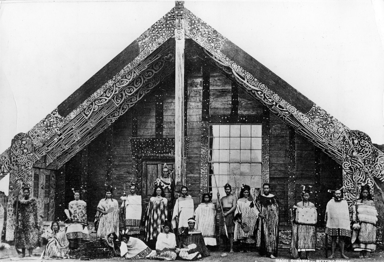 Maori Runanga eller möteshus, ca 1863-80 av New Zealand Photographer
