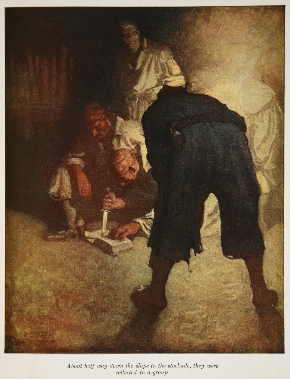 Ungefär halvvägs ner för sluttningen till stockaden samlades de i en grupp, en illustration från "Treasure Island" av Robert Louis Stevenson, pub. av Charles Scribners söner, 1911 av Newell Convers Wyeth