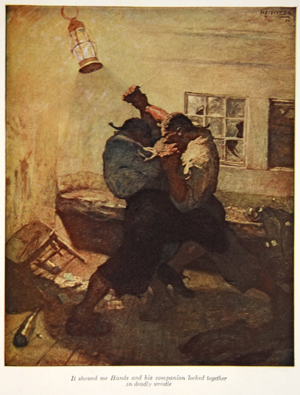 Den visade mig Hands och hans följeslagare, låsta tillsammans i dödlig brottning, en illustration från "Treasure Island" av Robert Louis Stevenson, pub. av Charles Scribners söner, 1911 av Newell Convers Wyeth