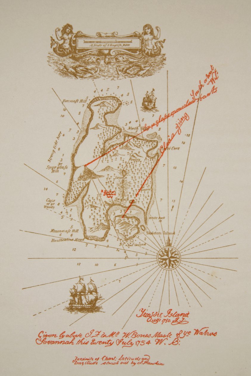 Karta över Treasure Island, en illustration från "Treasure Island" av Robert Louis Stevenson, pub. av Charles Scribners söner, 1911 av Newell Convers Wyeth