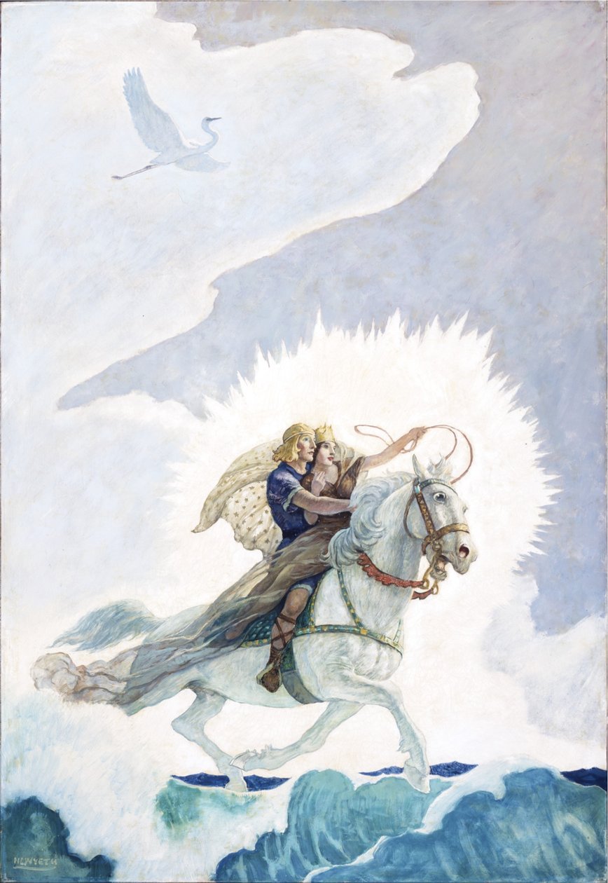 Oisín Rides to the Land of Youth, 1940 (olja på renässanspanel) av Newell Convers Wyeth