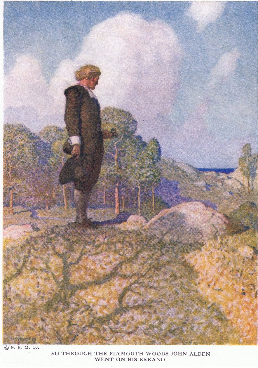 Så genom Plymouth-skogen gick John Alden sitt ärende av Newell Convers Wyeth