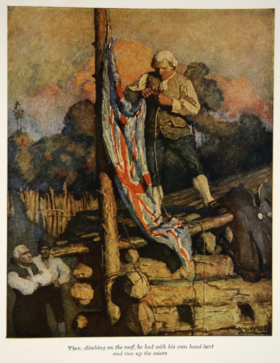 När han klättrade upp på taket och med egen hand hade böjt och sprungit upp färgerna, en illustration från "Treasure Island" av Robert Louis Stevenson, publicerad av Charles Scribner