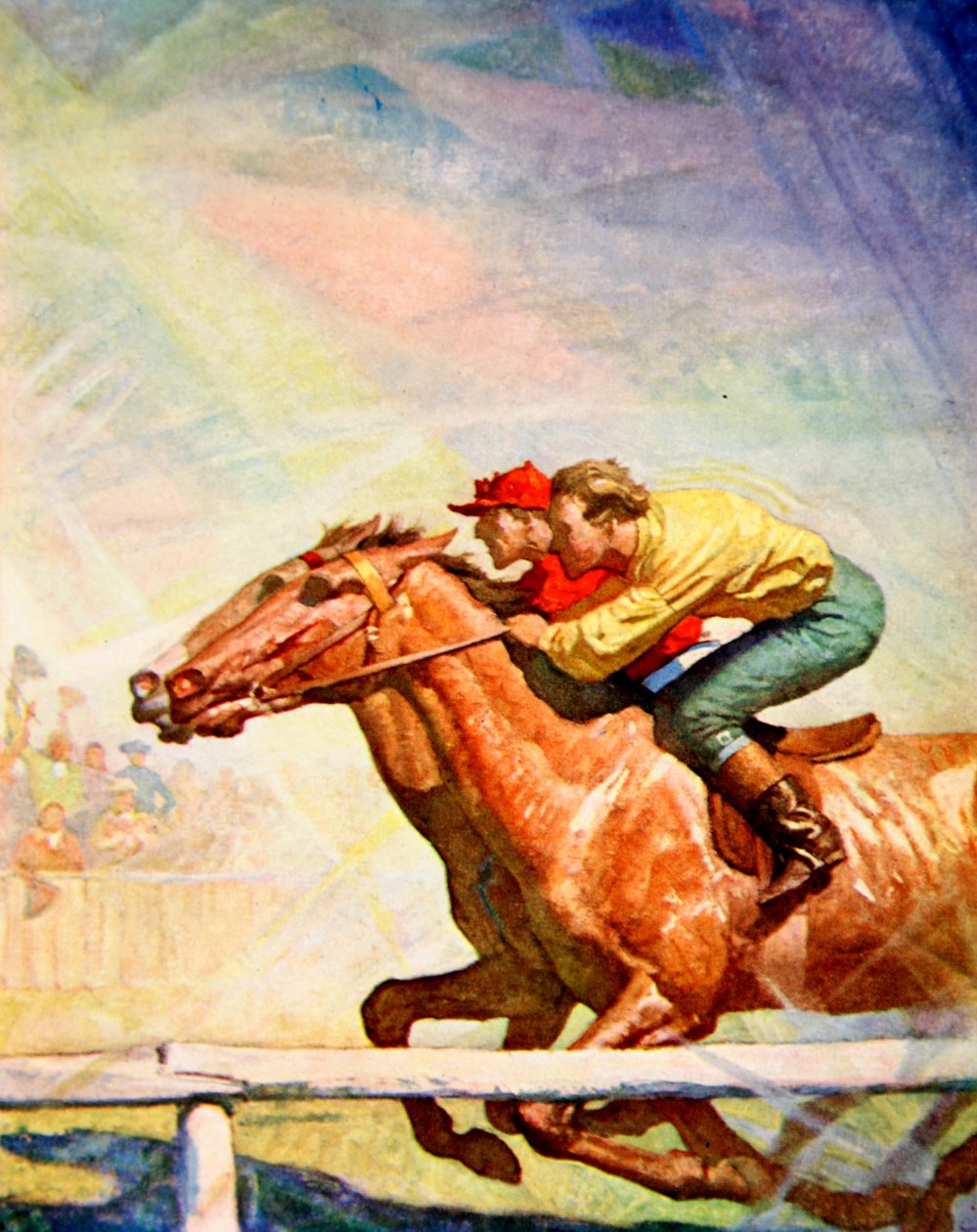 Förbannande och piskande drog Jockeyn fram till den vinnande posten (färg litho) av Newell Convers (after) Wyeth
