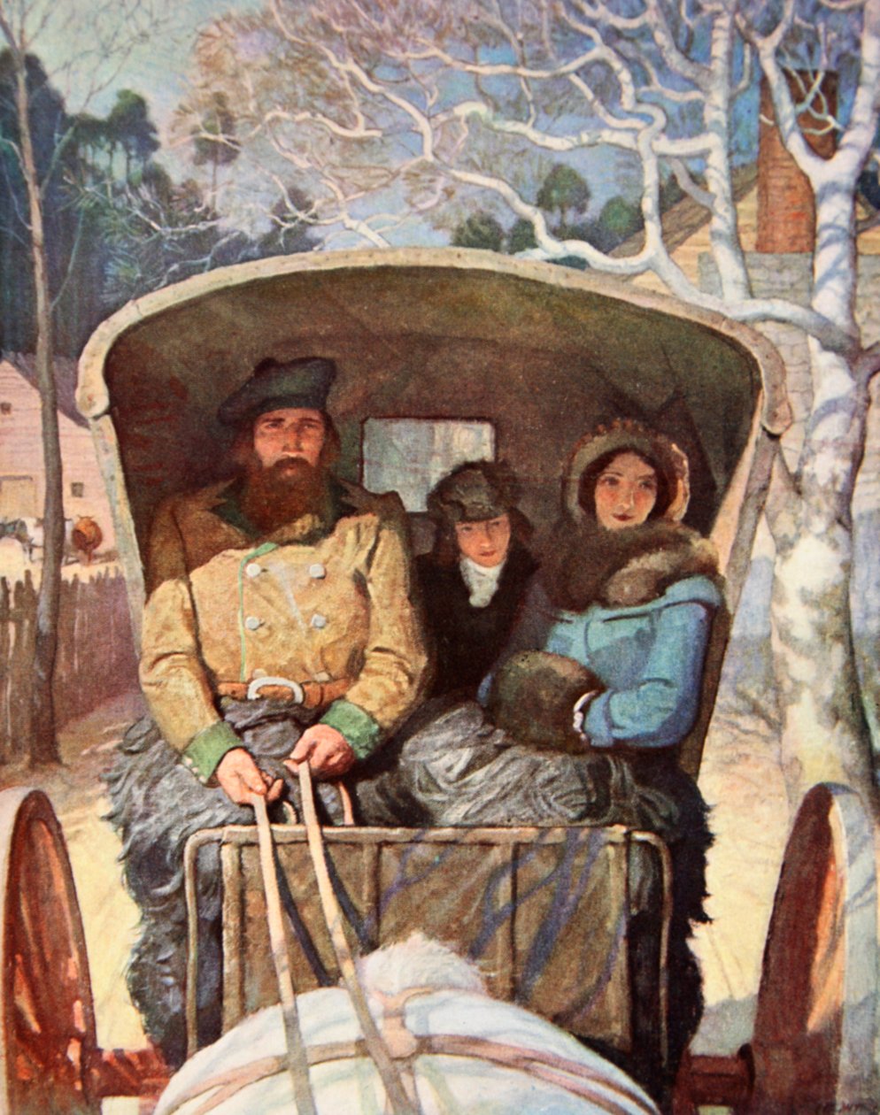Familjen Fraser klädde sig varmt i hästvagnen (färg litho) av Newell Convers (after) Wyeth