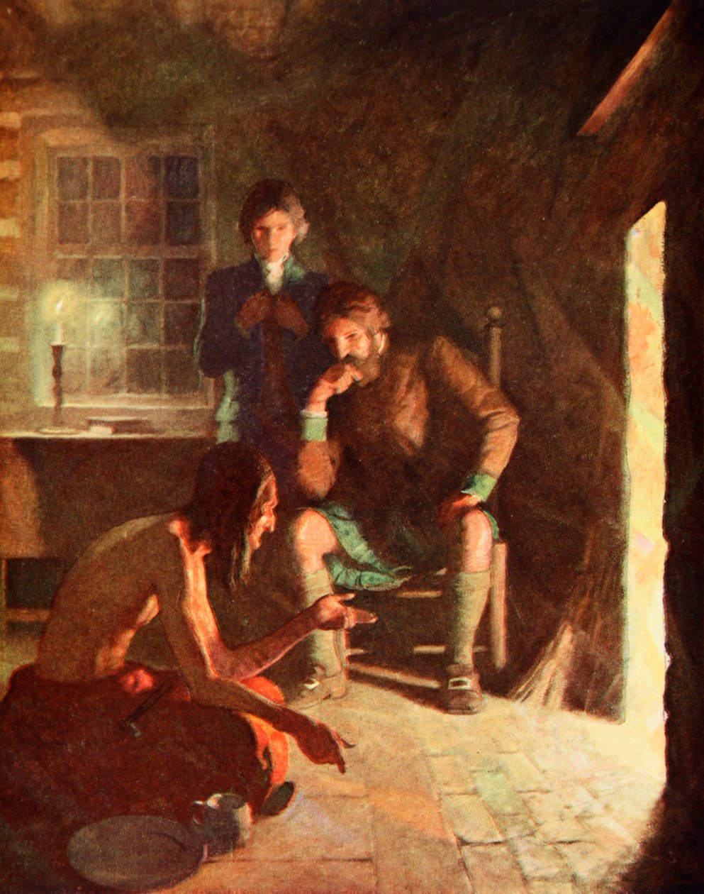Indian Longthought-möte i ett tidigt nybyggarhem (färg litho) av Newell Convers (after) Wyeth