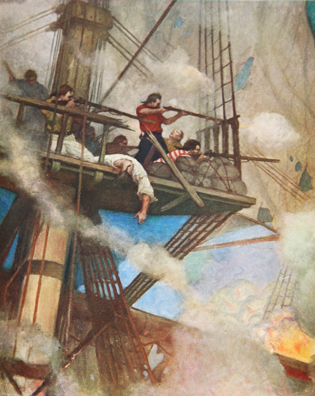 Kampen i Fire-tops mot ett engelskt skepp (färg litho) av Newell Convers (after) Wyeth