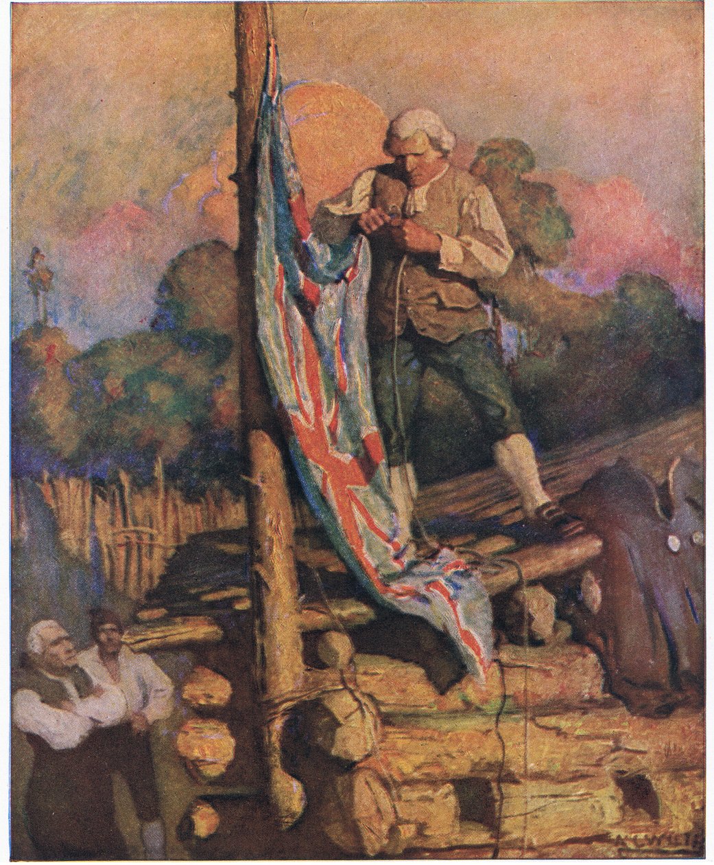 Kapten Smollett trotsar myteristerna: sedan klättrade han upp på taket, sprang han med sin egen hand upp i färgerna av Newell Convers Wyeth