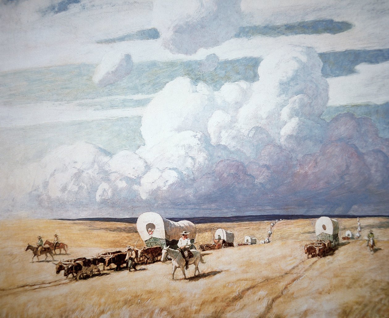 Täckta vagnar på väg västerut (olja på duk) av Newell Convers Wyeth