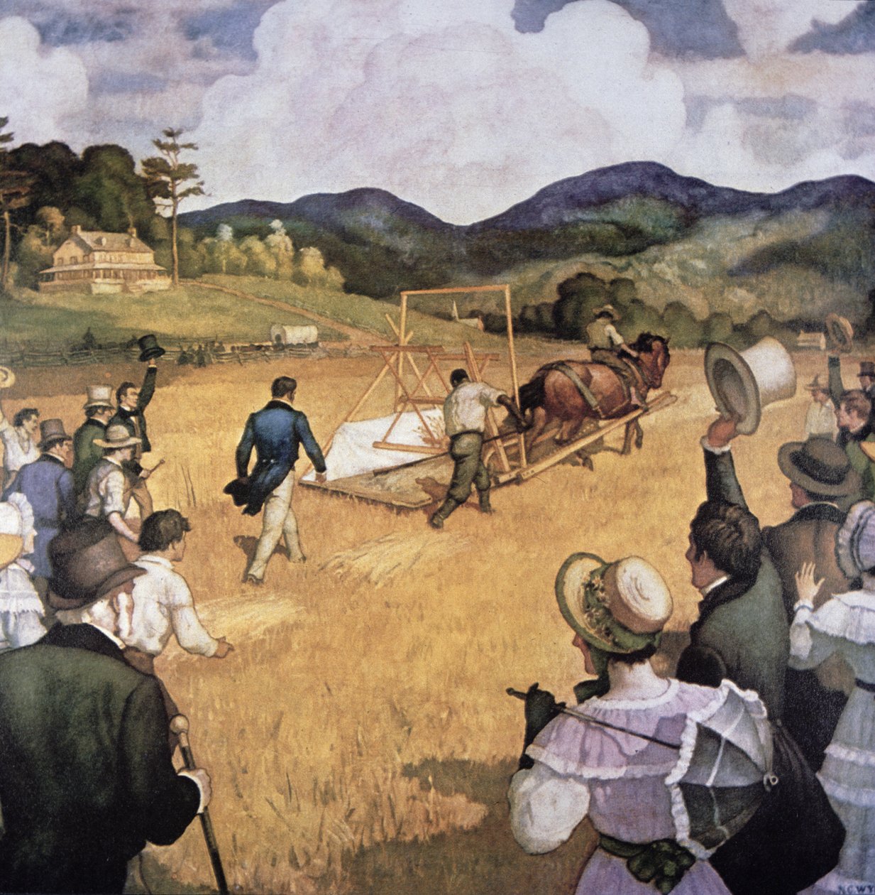Cyrus H. McCormick (1809-84) och hans skördemaskin 1837 (olja på duk) av Newell Convers Wyeth