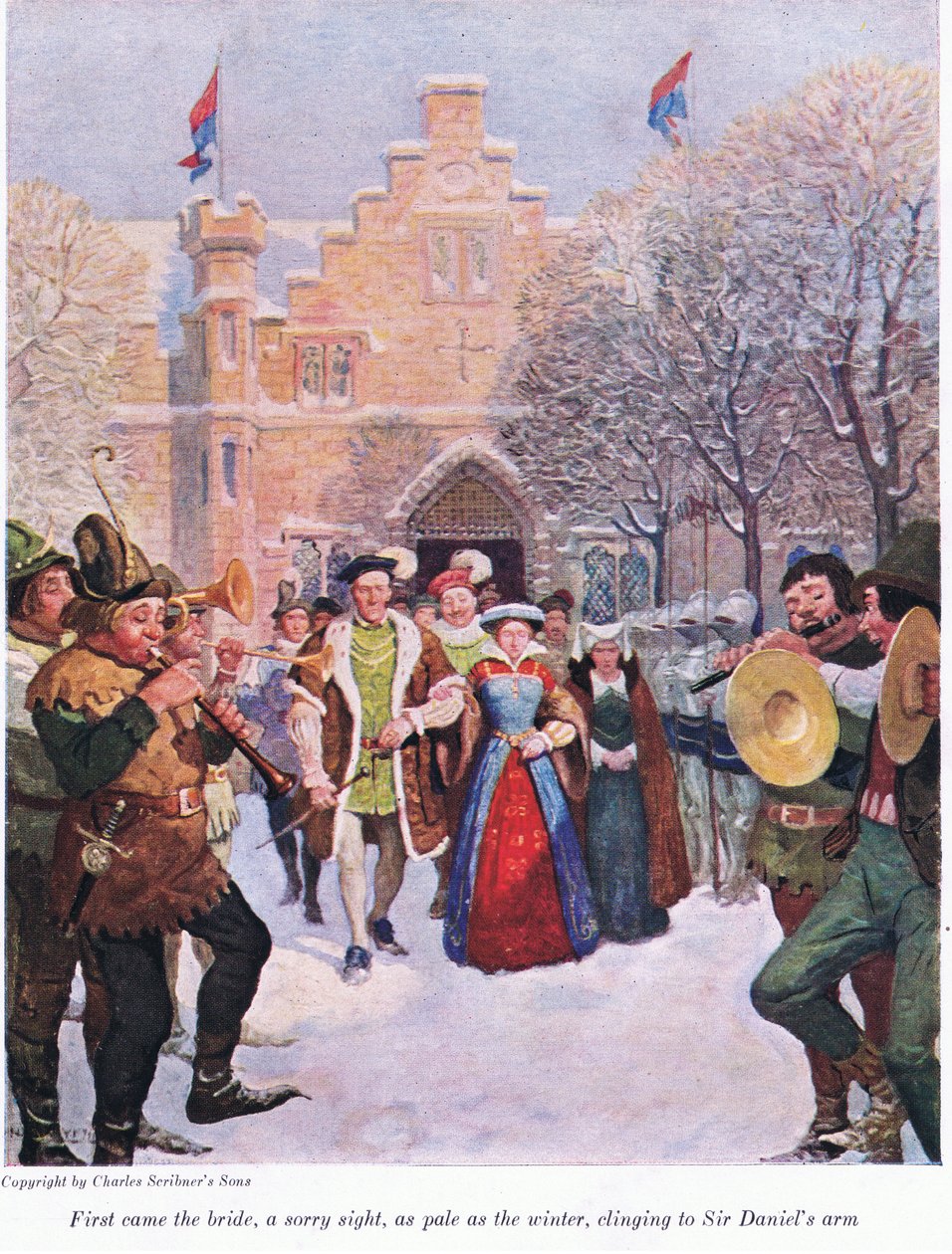 Först kom bruden, en ledsen syn, lika blek som vintern, klamrade sig fast vid Sir Daniels arm, 1916 av Newell Convers Wyeth
