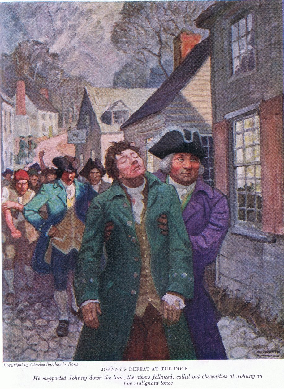 Johnnys nederlag vid kajen: Han stöttade Johnny nerför banan. De andra följde efter och ropade obsceniteter i låga maligna toner, 1928 av Newell Convers Wyeth