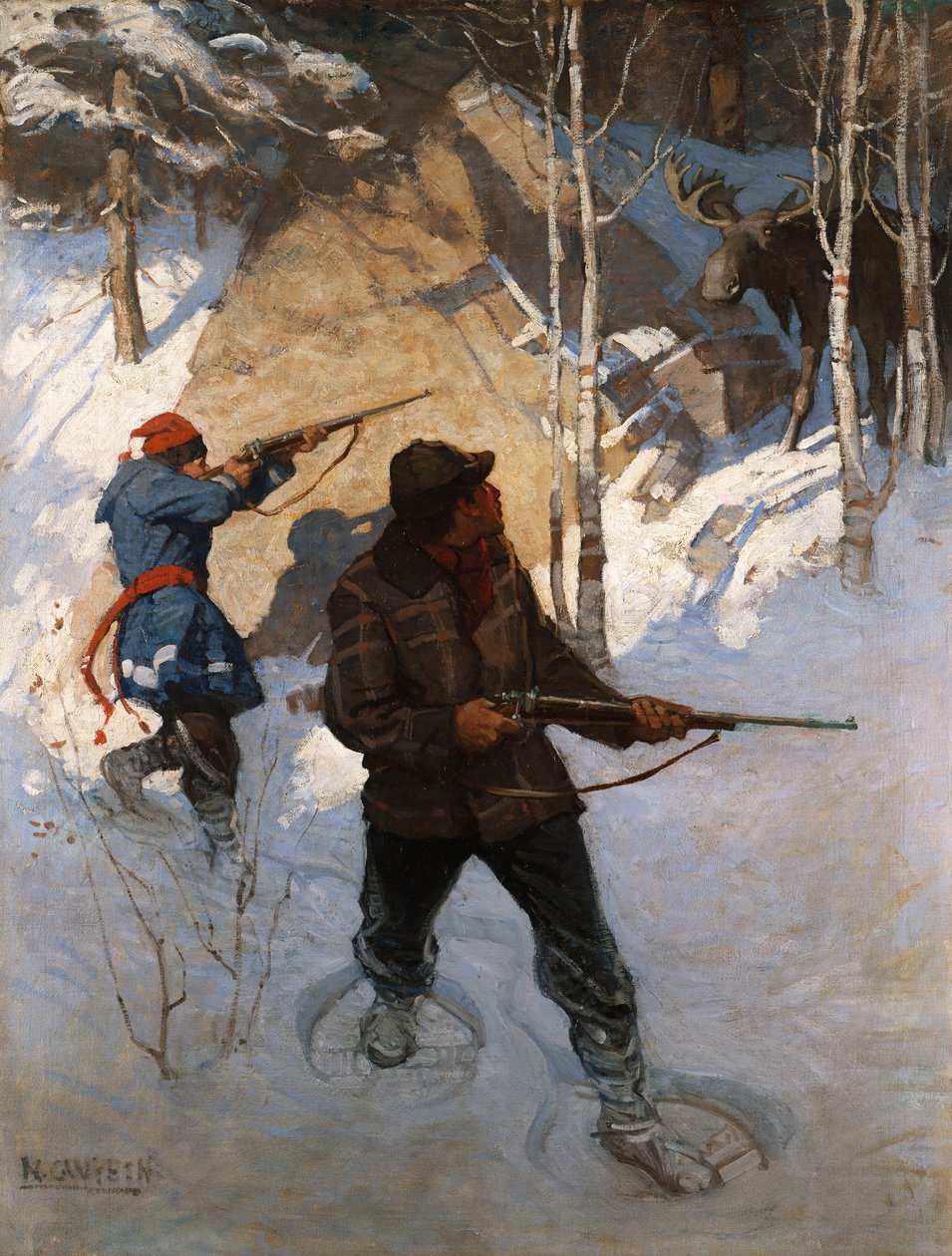 Älgjakt (olja på duk) av Newell Convers Wyeth