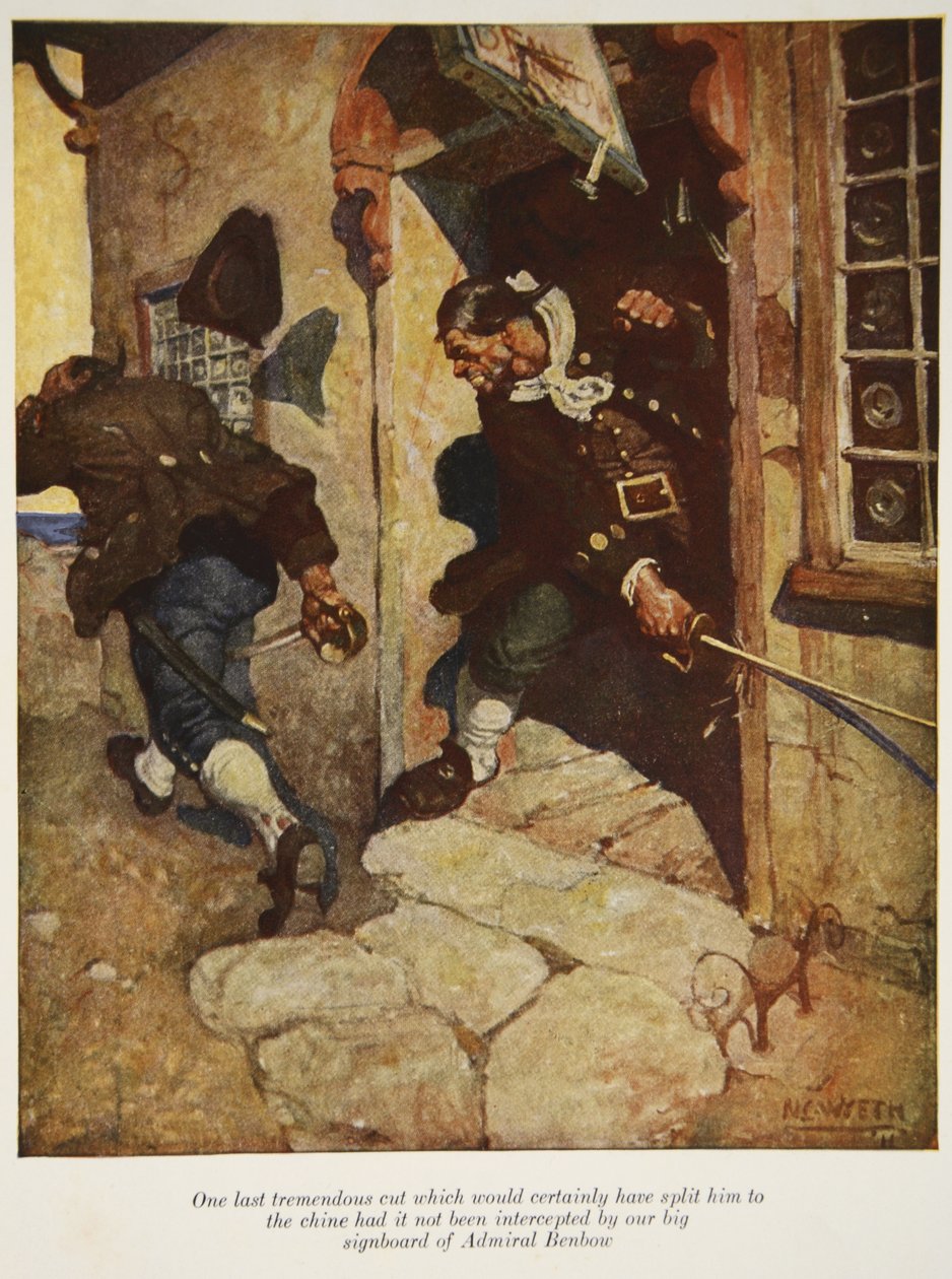 Ett sista enormt snitt som säkerligen skulle ha splittrat honom om det inte hade snappats upp av vår stora skylt av Amiral Benbow, en illustration från Treasure Island av Robert Louis Steve av Newell Convers Wyeth