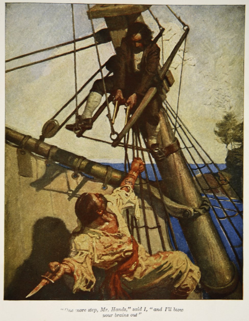 Ett steg till, mr Hands, sa jag, och jag skjuter dig ihjäl, en illustration från "Treasure Island" av Robert Louis Stevenson, publicerad av Charles Scribner