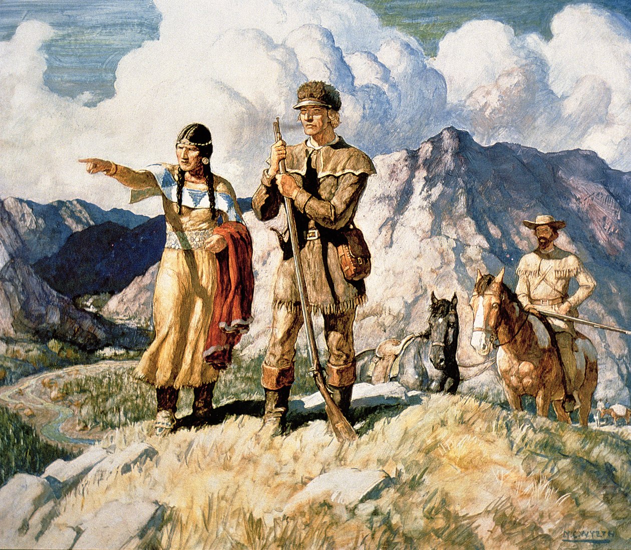 Sacagawea med Lewis och Clark under deras expedition 1804-06 (färg litho) av Newell Convers Wyeth