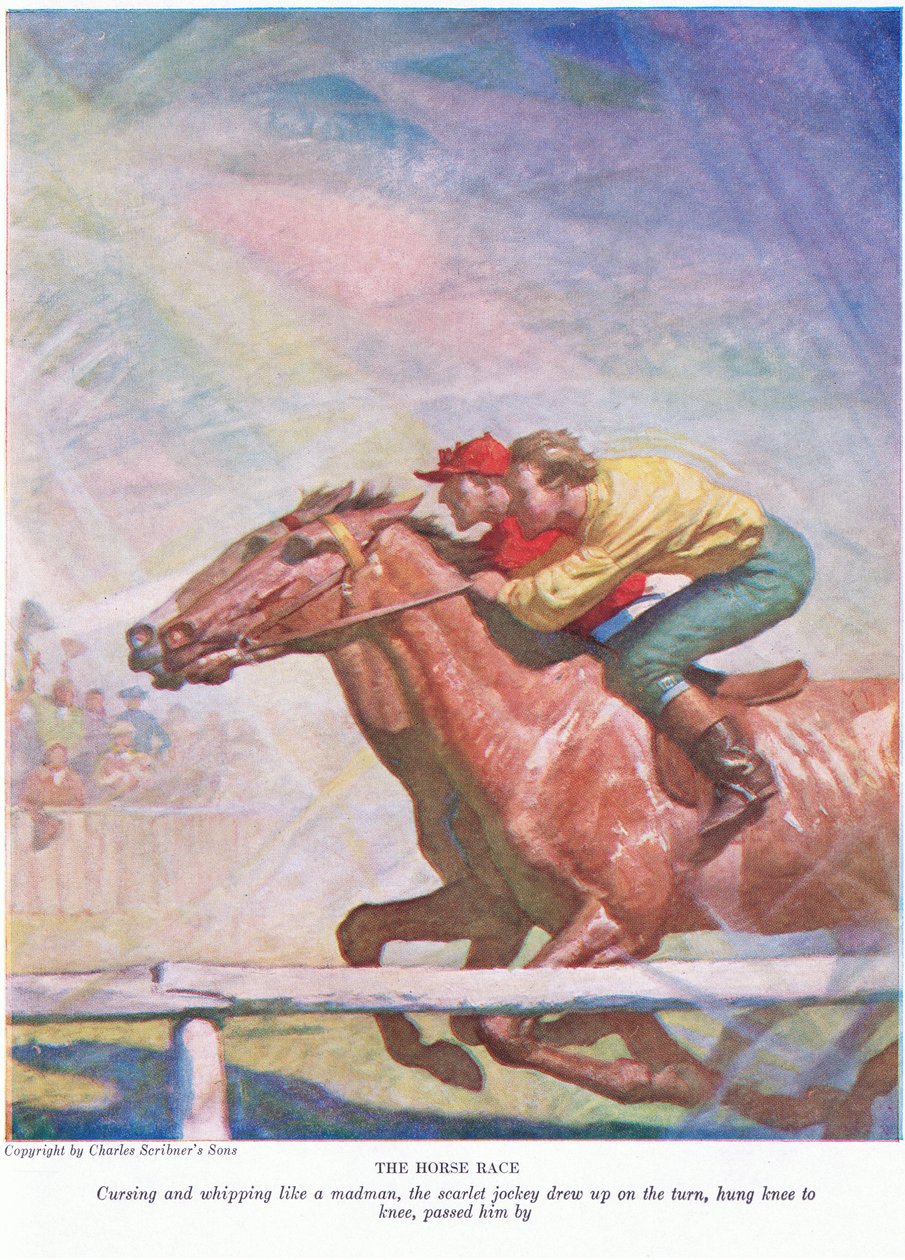 Hästkapplöpningen: Förbannande och piskade som en galning drog den scharlakansröda jockeyn upp på svängen, hängde knä mot knä, gick förbi honom, 1928 av Newell Convers Wyeth
