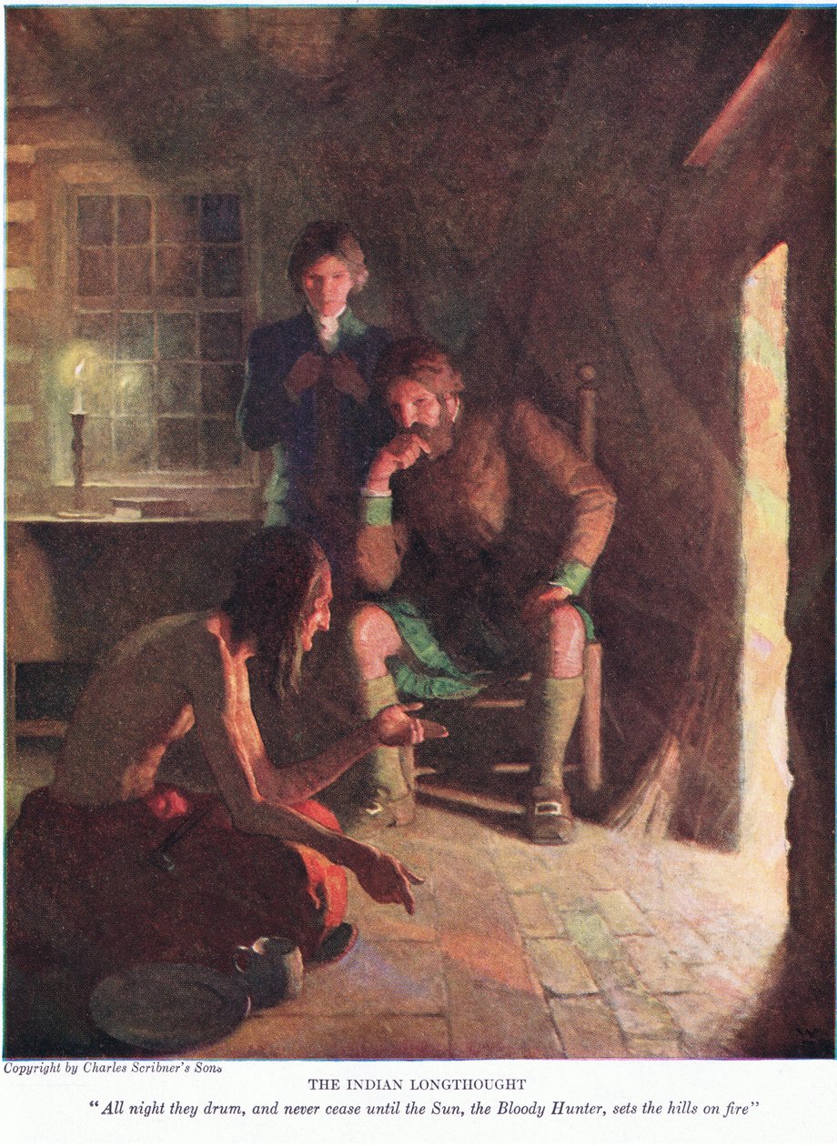Indianen tänkte länge! Hela natten trummar de och upphör aldrig förrän solen, den blodige jägaren, sätter eld på kullarna, 1928 av Newell Convers Wyeth