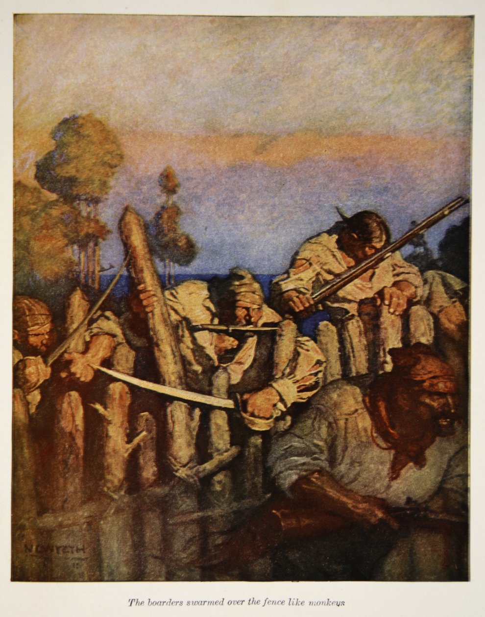 Gränsarna svärmade över staketet som apor, en illustration från "Treasure Island" av Robert Louis Stevenson, pub. av Charles Scribners söner, 1911 av Newell Convers Wyeth