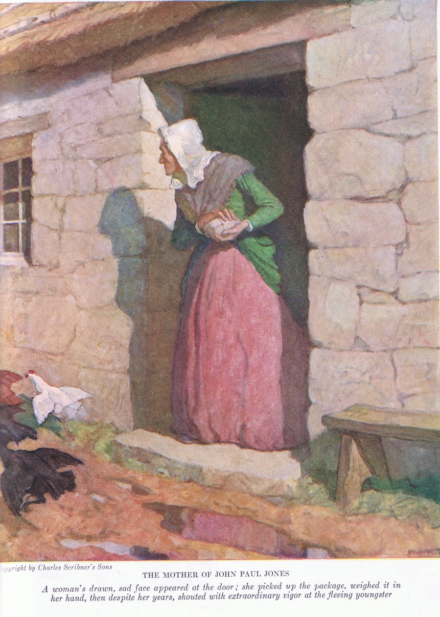 John Paul Jones mor: En kvinna ritad, ledsen ansikte dök upp vid dörren; hon tog upp paketet och vägde det i sina händer, 1928 av Newell Convers Wyeth