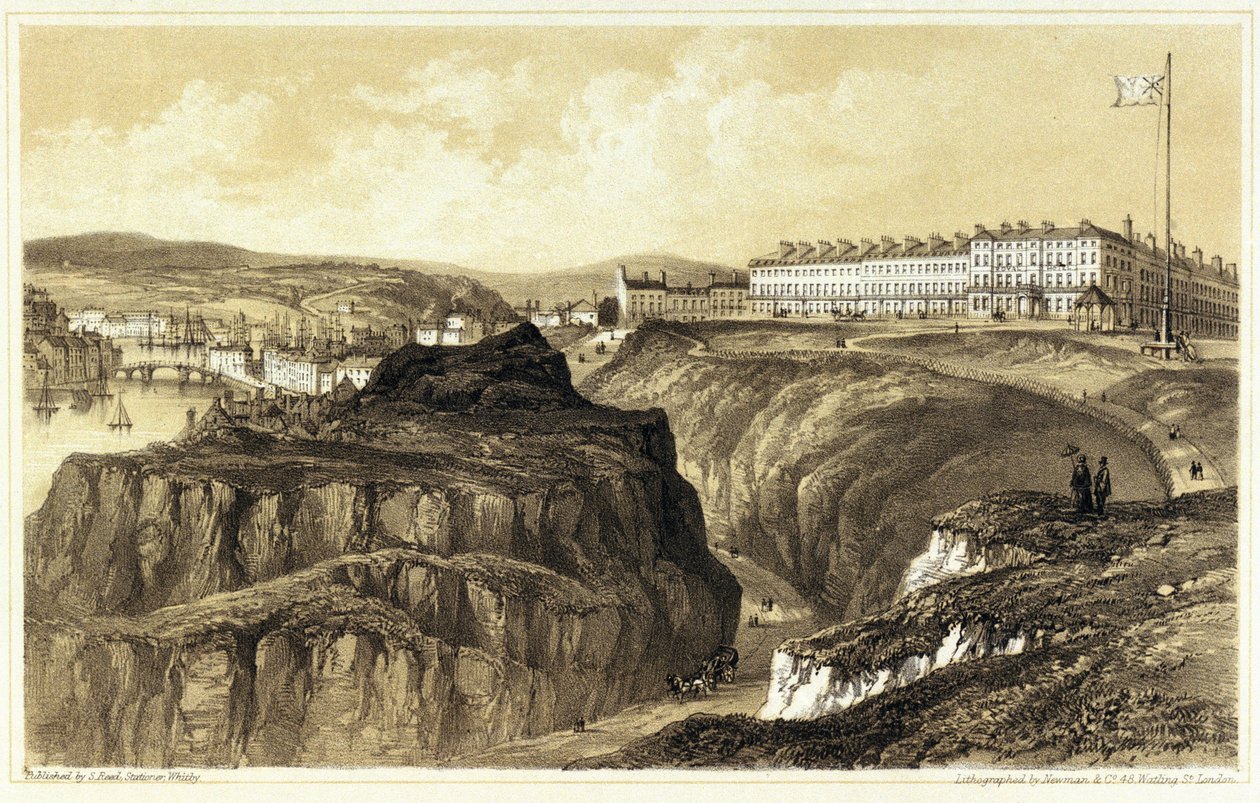 Whitby, Khyber Pass (England), med en översikt över stadens byggnader och fort. Litografi, graverad av Newman  Co, utgiven av S.Reed. av Newman & Co.