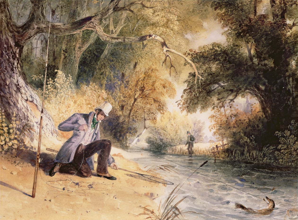 Gäddfiske, landning av en gädda, ca 1839 (akvarell på papper) av Newton Fielding