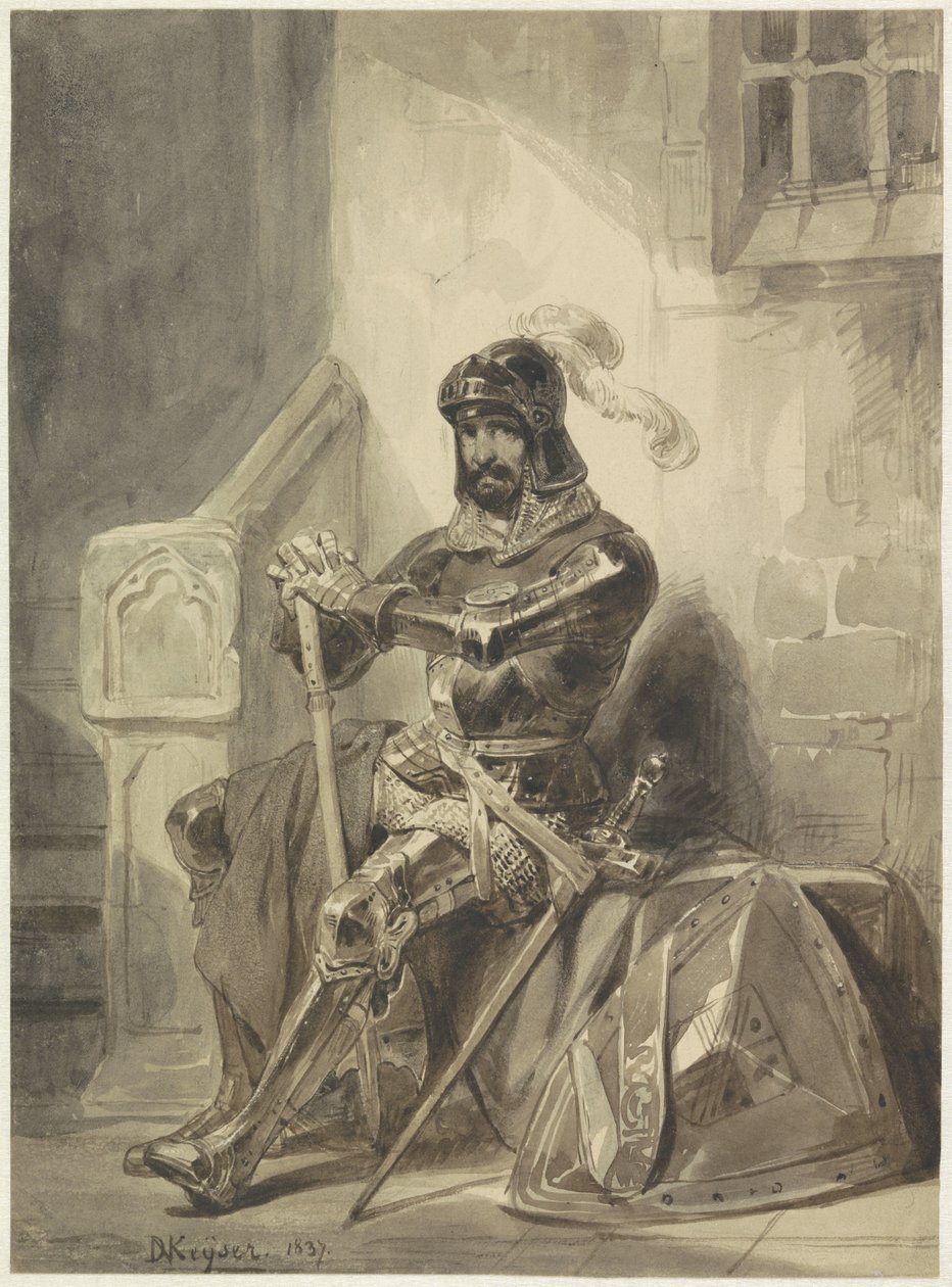 Sittande medeltida riddare i rustning av Nicaise de Keyser