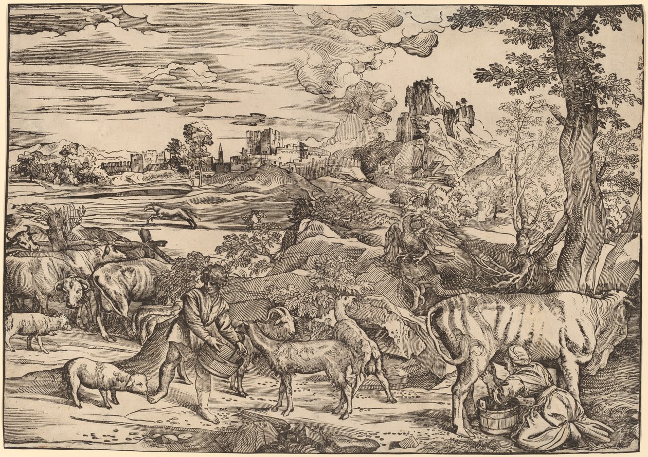 Landskap med en mjölkerska av Niccolò Boldrini after Titian