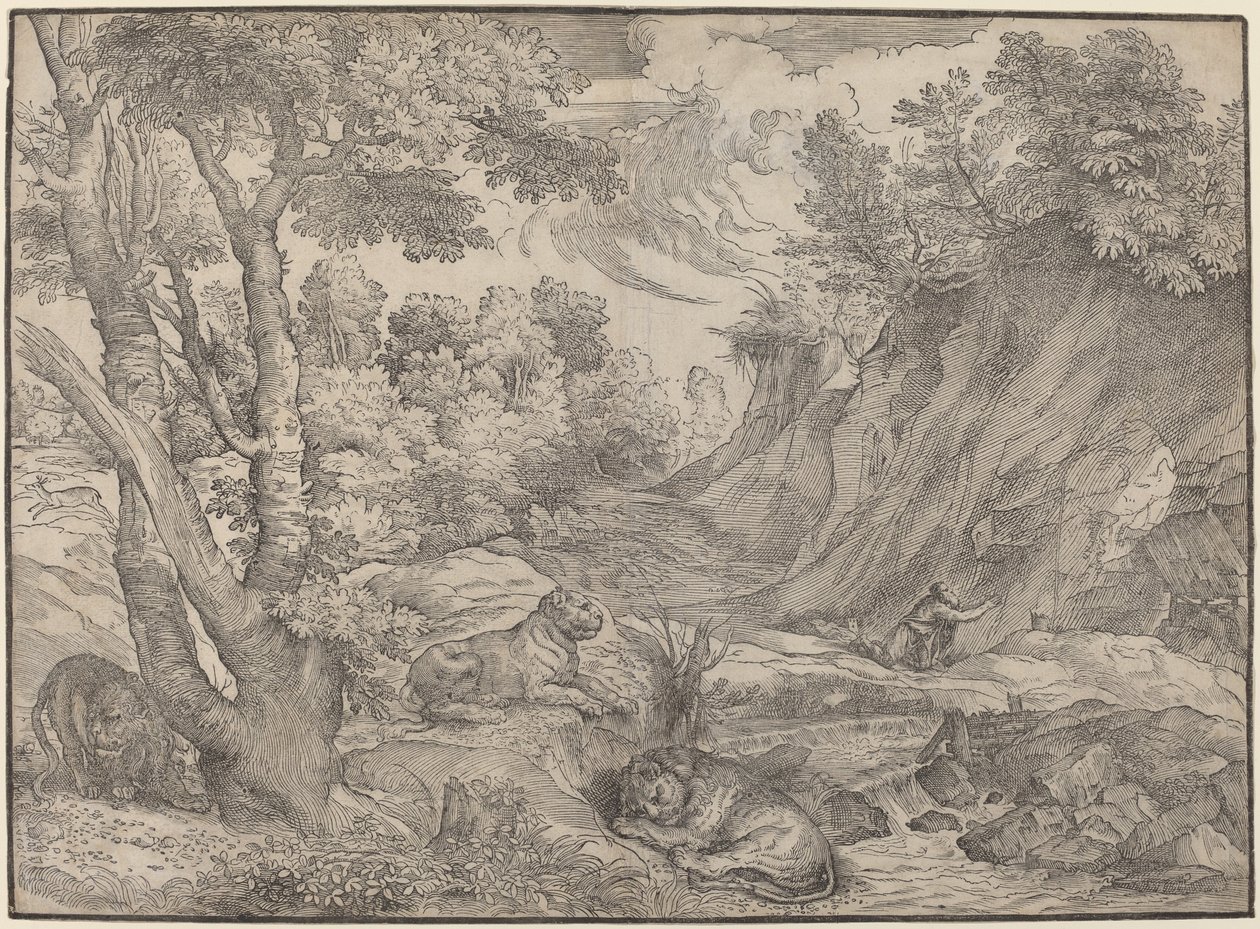 Saint Hieronymus i vildmarken av Niccolò Boldrini after Titian