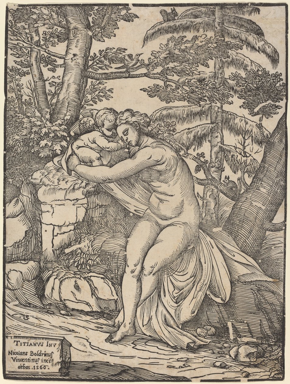 Venus och Amor av Niccolò Boldrini after Titian