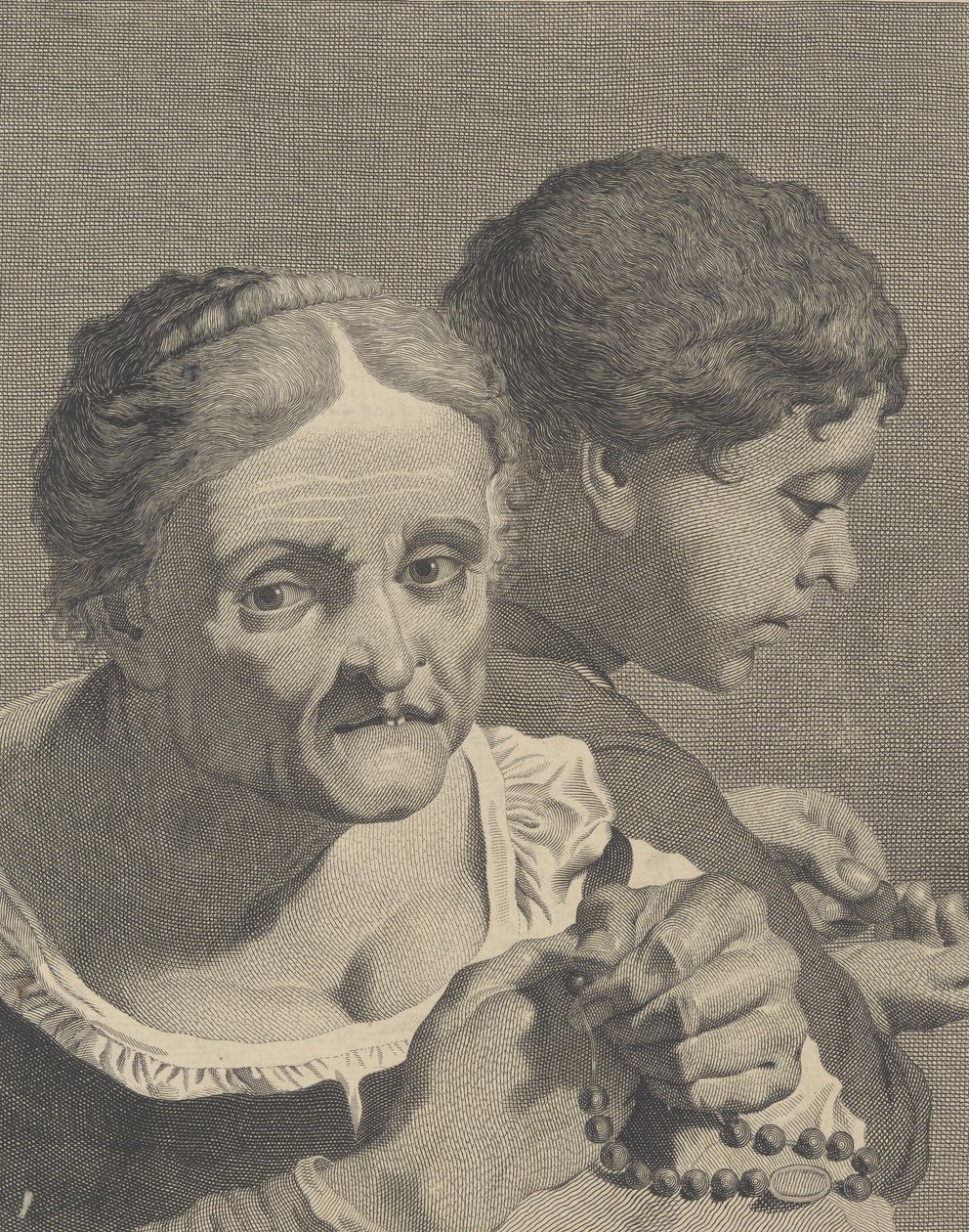 Kopia på baksidan av en gammal kvinna med ett radband och en pojke som räknar mynt, skylt 10 fr..., ca. 1750-90. av Niccolò Cavalli