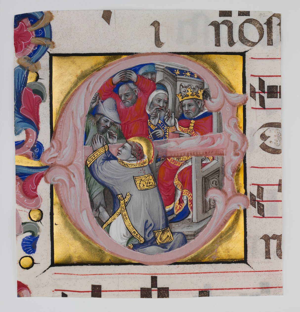 Manuskriptbelysning med Sankt Stefans martyrskap i en inledande E..., ca. 1394-1402. av Niccolò di Giacomo da Bologna