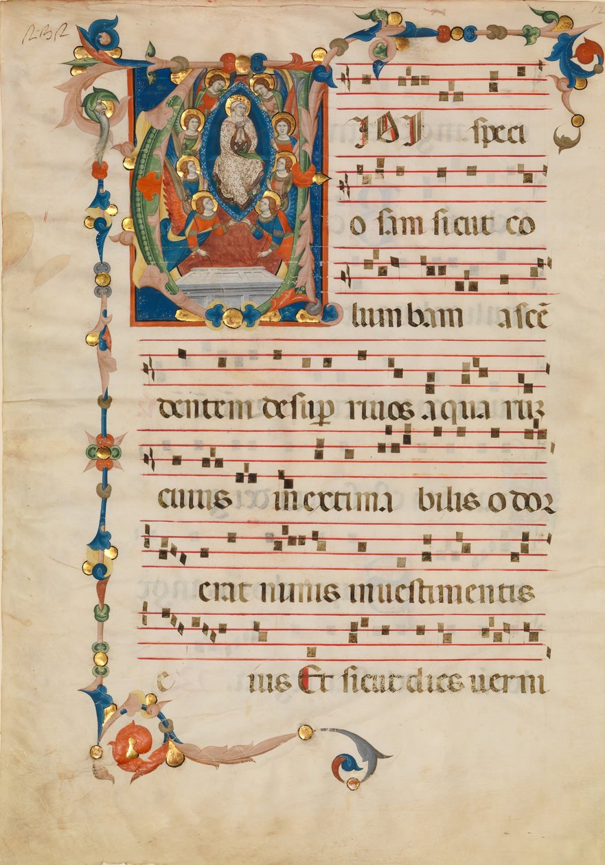 Manuskriptblad med jungfruns antagande i ett initialt V, från ett antifonarium, ca. 1340. av Niccolò di ser Sozzo