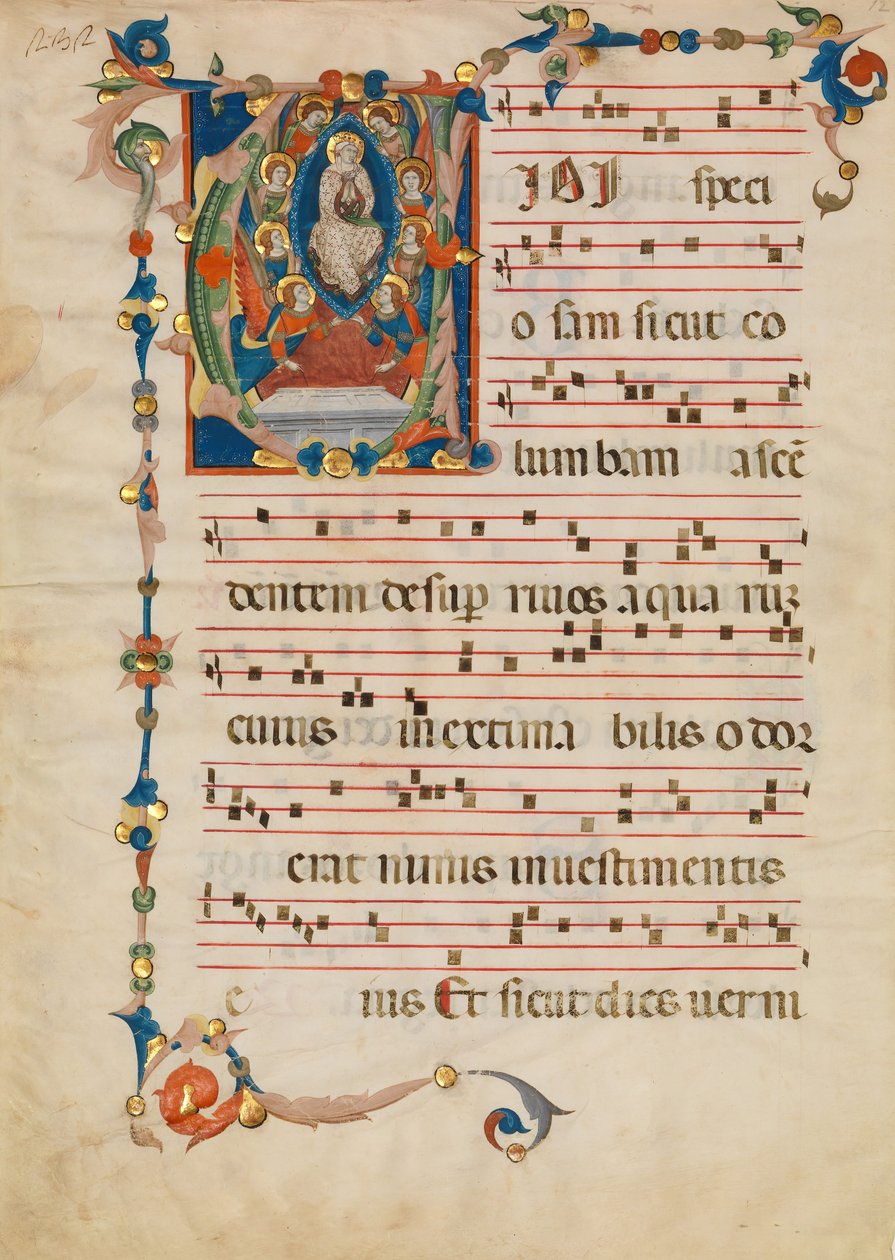 Manuskriptblad med jungfruns antagande i ett initialt V, från ett antifonarium, ca. 1340 av Niccolò di ser Sozzo