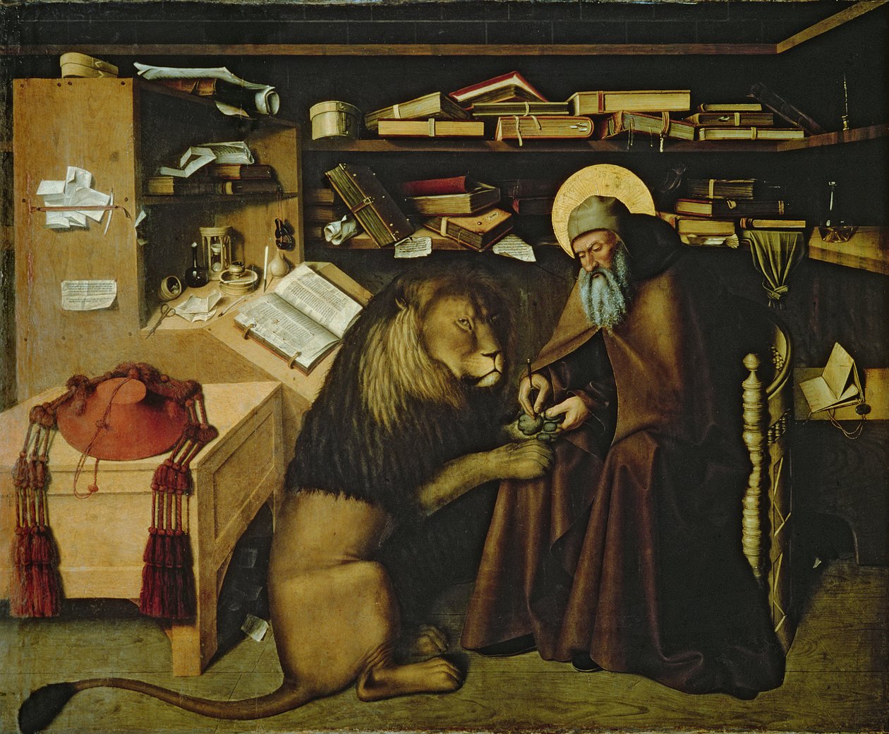 St. Jerome tar bort en tagg från lejontassar, ca 1445 (se 178986 för detaljer) av Niccolo Antonio Colantonio