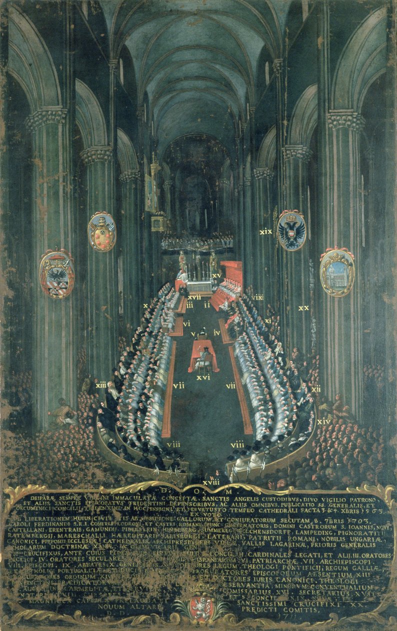 Orgelpanel som visar mötet med konciliet i Trent i katedralen i Trent den 3:e och 4:e december 1565, 1703 av Niccolo Dorigati