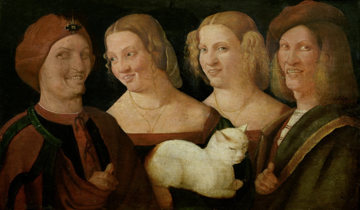 Fyra personer som skrattar vid åsynen av en katt av Niccolo Frangipane