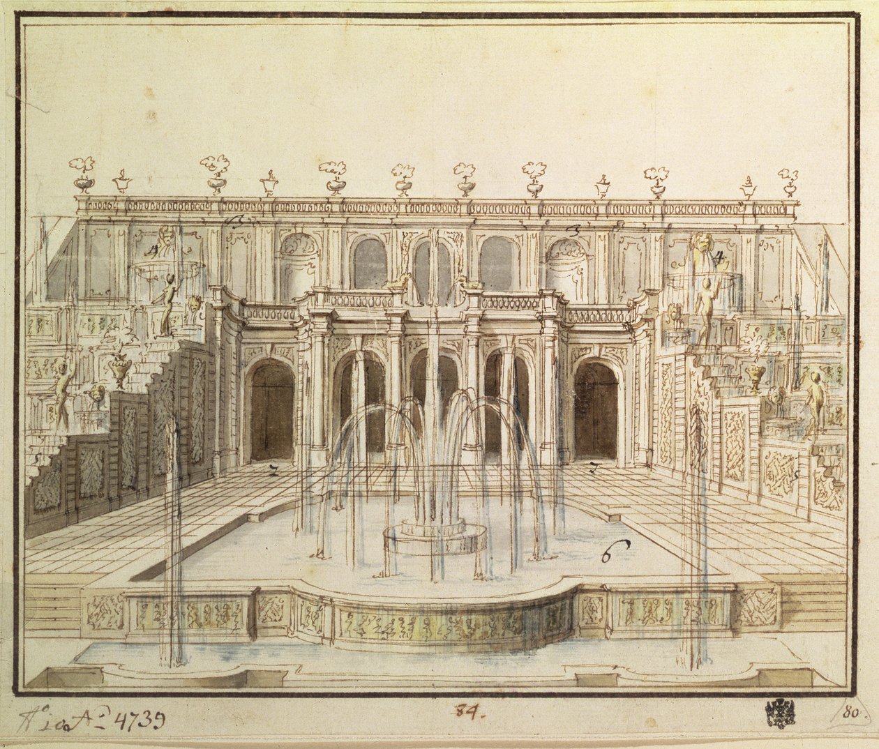 The Great Cascade i den nedre parken vid Peterhof, 1720 (penna, pensel, bläck och wc) av Niccolo Michetti